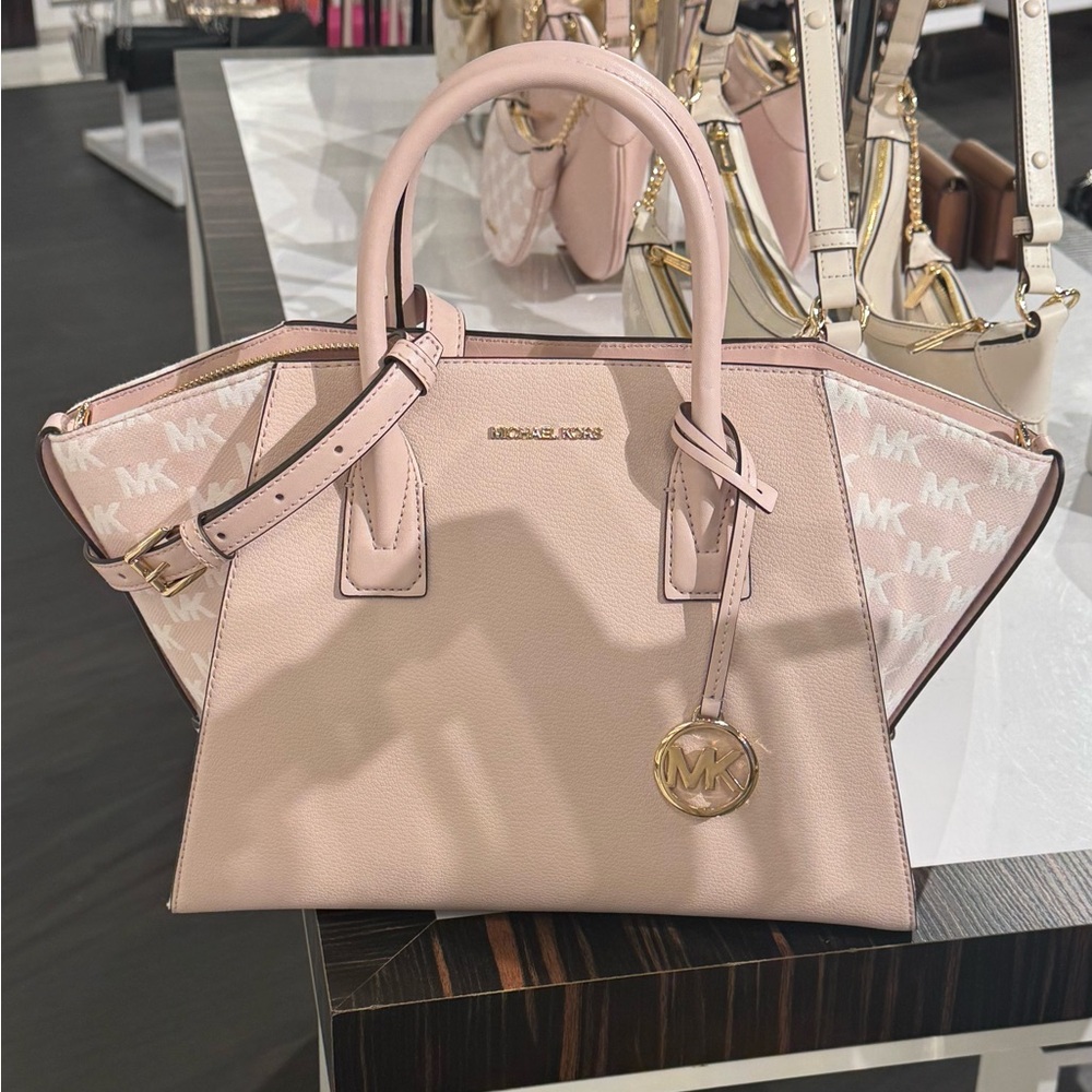 Michael Kors Avril Large Leather and Logo Jacquard Satchel Blush pink